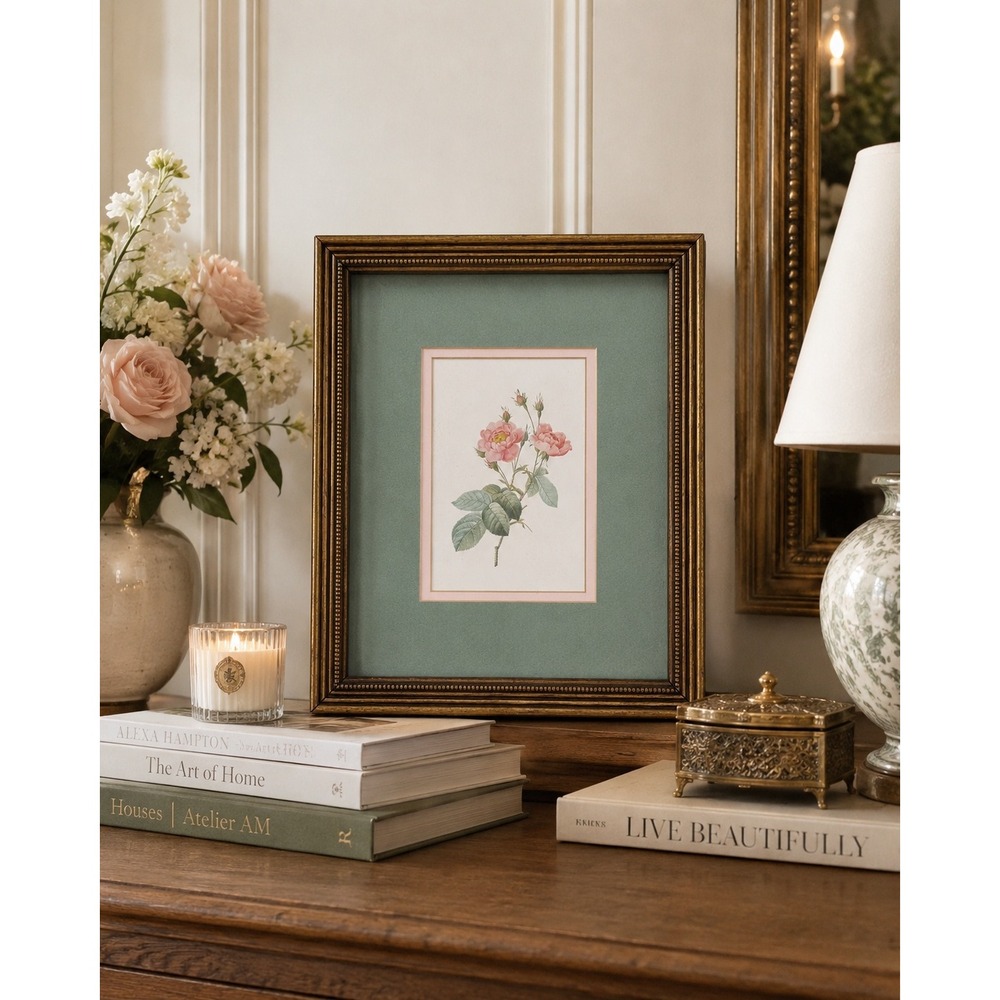 Pierre Joseph Redoute Style Rose Print Framed Gold Green Mat Botanical Art VTG